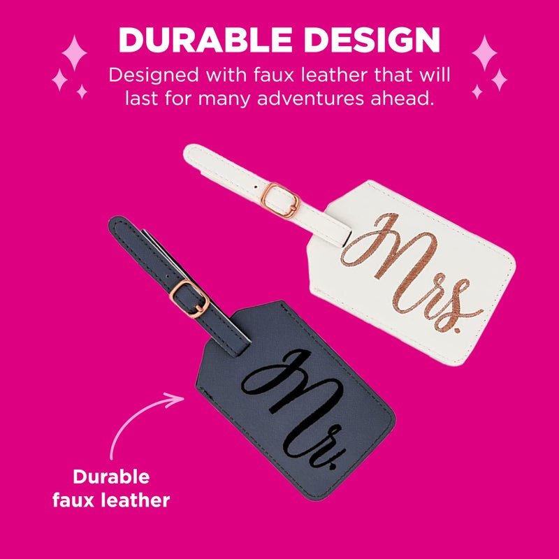 Miamica Mrs. & Mr. Luggage Tags â€“ Set of 2 Faux Leather Suitcase Tags with Sturdy Buckle Straps â€“ 6.85" x 3" Each â€“ Cute Honeymoon, Bachelorette, Engagement Gifts - Image 2